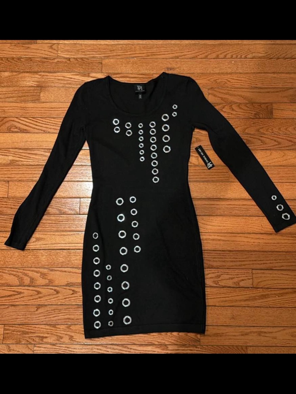 Derek Heart Black Long-Sleeve Bodycon Dress with Silver Eyelet Accents Sz S NWT